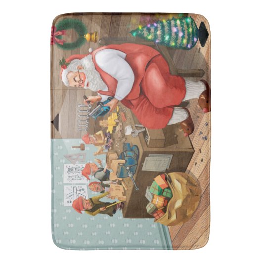 Tapis De Bain Père Noël Et Elfes Fabriquent Des Jouets | Noël (devant Vertical)