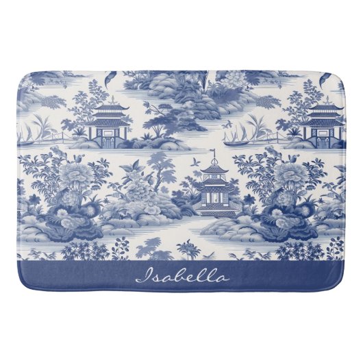 Tapis De Bain Personnalisé Chinoiserie Motif Pagode Bleu Blanc (Devant)