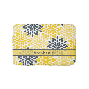 Tapis De Bain Personnalisé Jaune, Gris Charbon Moderne Floral