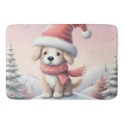 Tapis De Bain Petit chiot de Noël en chapeau santa (Devant)