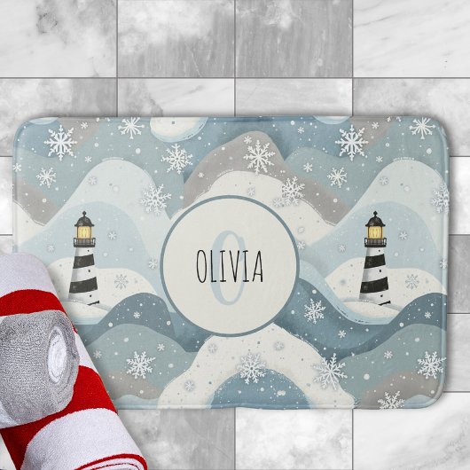 Tapis De Bain Phare avec Vagues Icy Hiver Monogramme Nautique