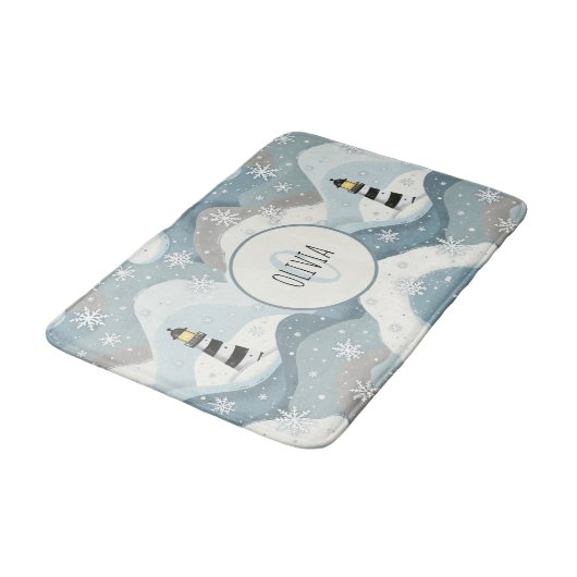 Tapis De Bain Phare avec Vagues Icy Hiver Monogramme Nautique (Angle)