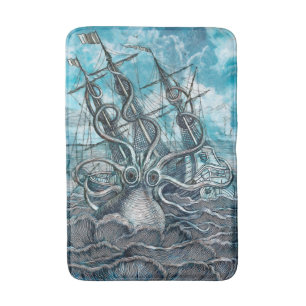 Tapis De Bain Pieuvre géante Mer Bleue Monstre Voilier
