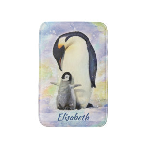 Tapis De Bain Pingouin d'empereur avec l'aquarelle de poussin de