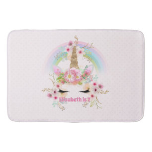 Tapis De Bain Pink Gold UNICORN Fleurs arc-en-ciel Filles NOMMÉE