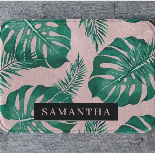 Tapis De Bain Pink & Green Palm Feuille Motif & nom