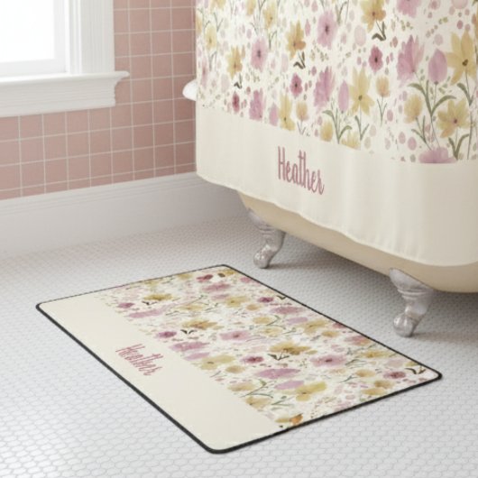 Tapis De Bain Pink Watercolor Wildflower Monogram Name