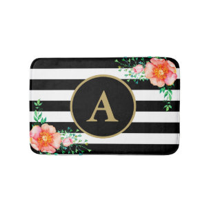 Tapis De Bain Pinl Floral Gras Noir Blancs Or Monogramme
