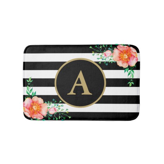 Tapis De Bain Pinl Floral Gras Noir Blancs Or Monogramme (Devant)