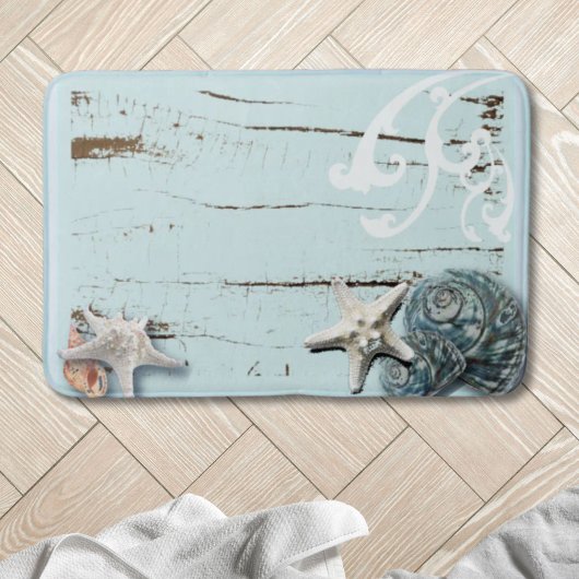 Tapis De Bain Plage côtière bois aqua bleu étoile coquillages