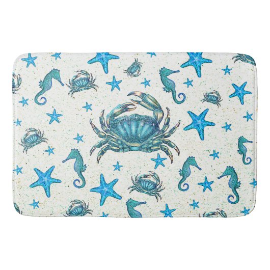 Tapis De Bain Plage moderne Crabe Bleu Starfish Horloge (Devant)