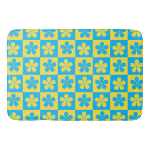 Tapis De Bain Planche à carreaux floraux jaune et bleu