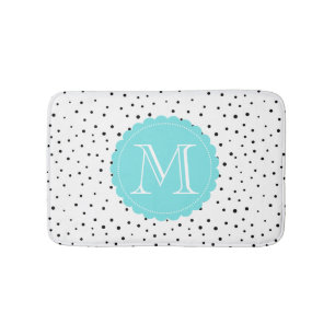 Tapis De Bain Points Confetti noirs et blancs Monogramme bleu cl