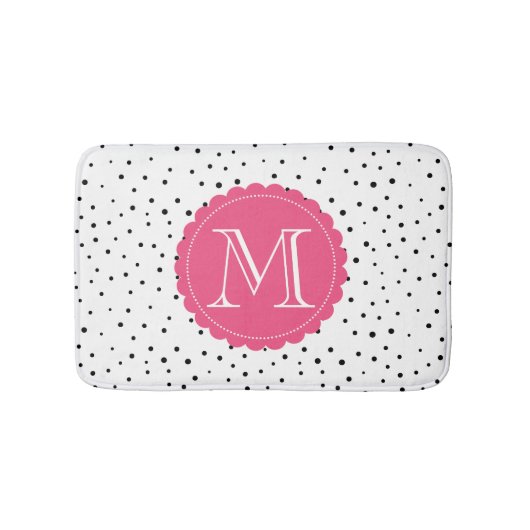 Tapis De Bain Points Confetti noirs et blancs Monogramme rose ch (Devant)