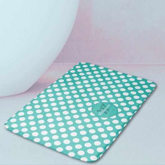 Tapis De Bain Points de Polka Turquoise & Nom de Famille Initial