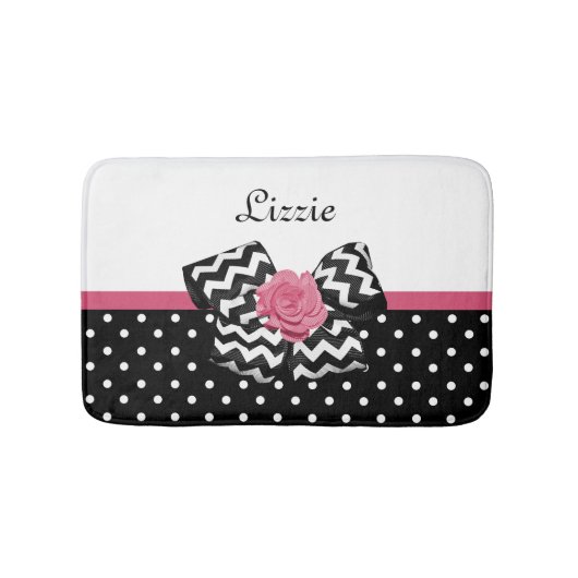 Tapis De Bain Points noirs mignons Rose rose Chevron Bow et nom (Devant)