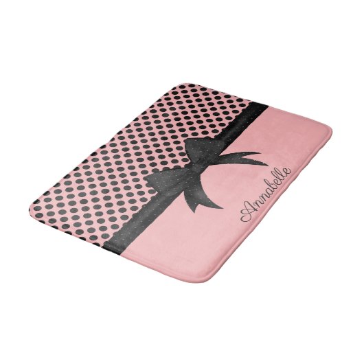 Tapis De Bain Points roses noirs et ruban (Angle)