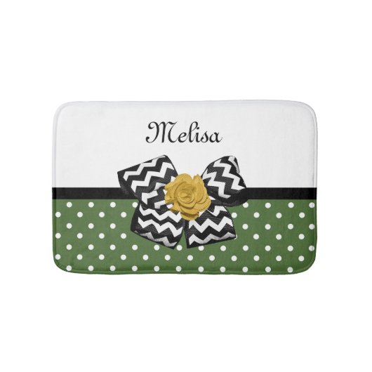 Tapis De Bain Points verts mignons Rose jaune Chevron Bow et nom (Devant)