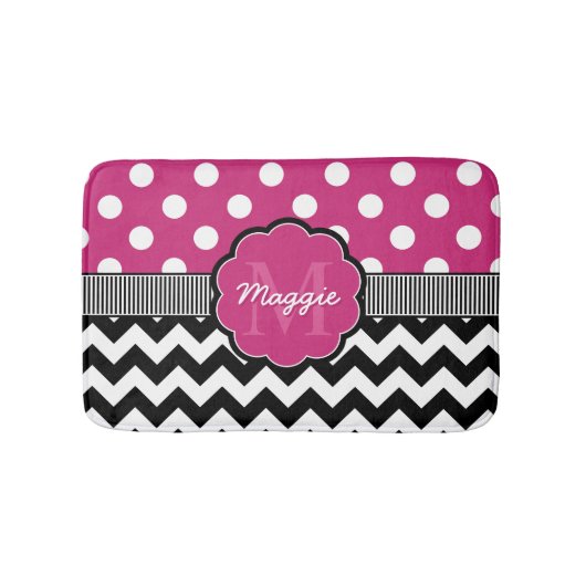 Tapis De Bain Pois rose noir Chevron Monogramme (Devant)