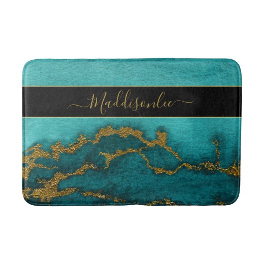 Tapis De Bain Porte en marbre doré turquoise Monogramme Nom Plag (Devant)