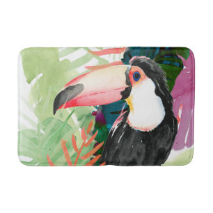 Tapis De Bain Portrait du Toucan avec Feuilles tropicaux