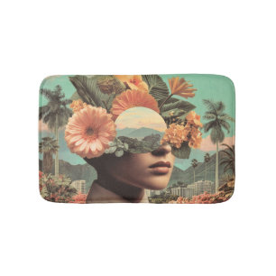 Tapis De Bain Portrait féminin surréaliste avec éléments floraux