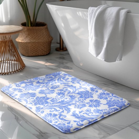 Tapis De Bain Poudre bleu et blanc Damas florales