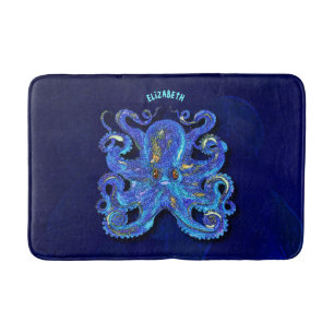 Tapis De Bain Poulpe bleu coloré psychédélique avec les yeux