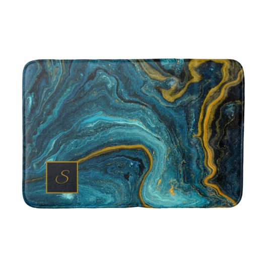Tapis De Bain Poussière dorée bleu moderne Marbre d'art Abstrait (Devant)