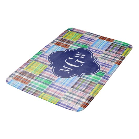 Tapis De Bain Preppy Patchwork Madras Navy Quatrefoil Monogramme (Angle)