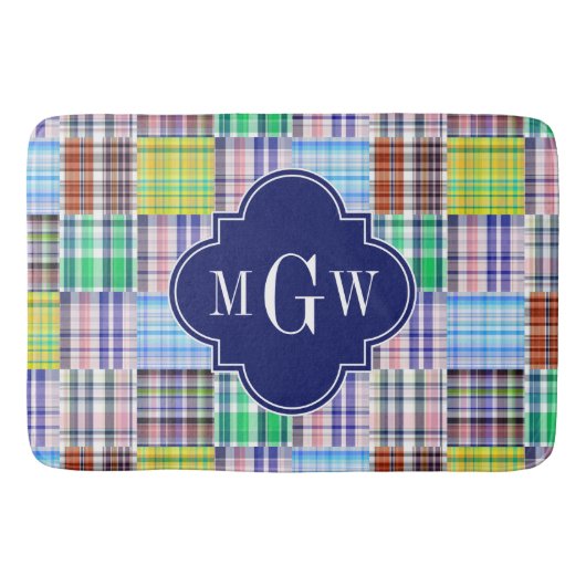Tapis De Bain Preppy Patchwork Madras Navy Quatrefoil Monogramme (Devant)