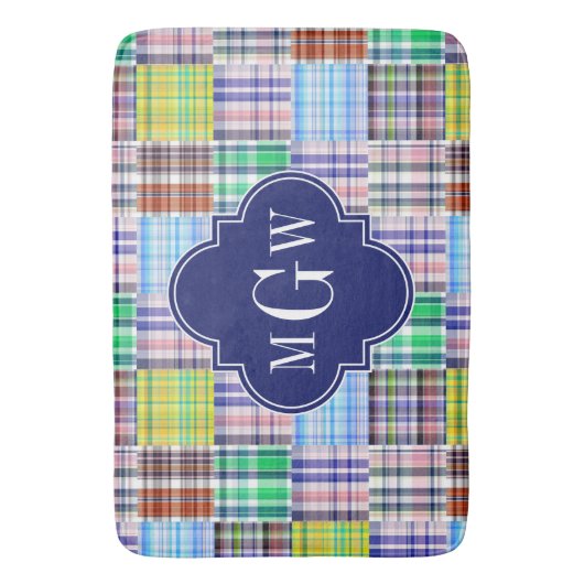 Tapis De Bain Preppy Patchwork Madras Navy Quatrefoil Monogramme (devant Vertical)