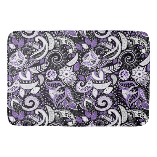 Tapis De Bain Purple White Black Paisley Motif d'impression (Devant)