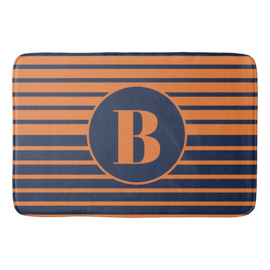 Tapis de bain rayé bleu marine Orange Monogramme (Devant)