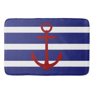 Tapis De Bain Rayure bleue et blanche nautique avec l'Ancre