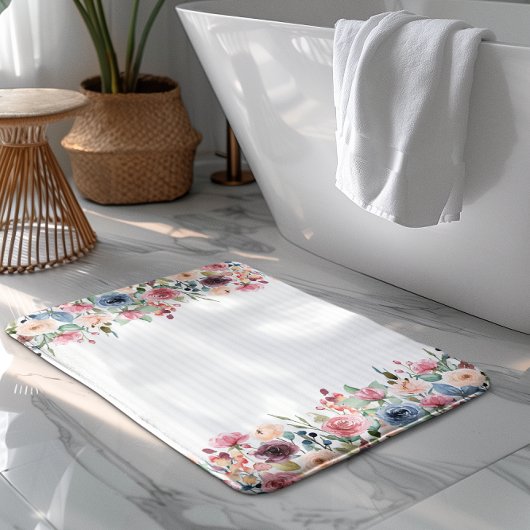 Tapis De Bain Rayures blanches Accent de fleurs de printemps Bor
