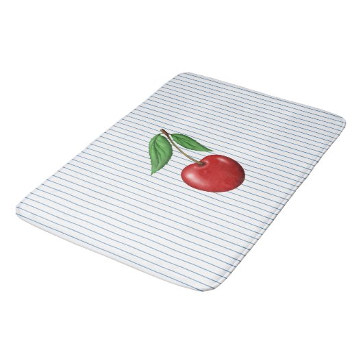 Tapis De Bain Red Cherries on Blue Stripes Pattern (Angle)