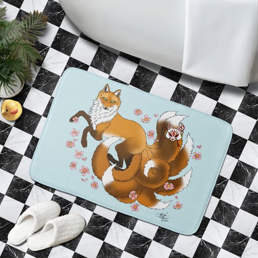 Tapis De Bain Renard Kitsune Fantaisiste Fleurs de Cerisier Bleu