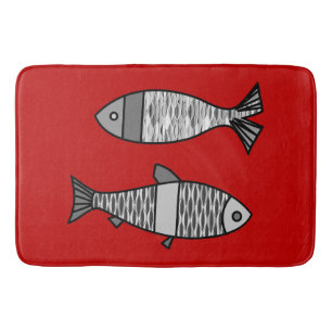 Tapis De Bain Rétros poissons modernes, rouge-foncé et gris/gris