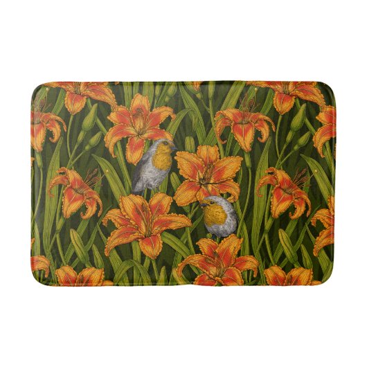 Tapis De Bain Robins et fleurs de lys, orange et vert foncé (Devant)