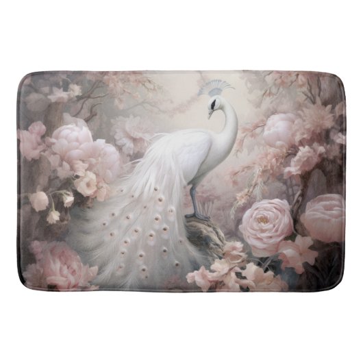 Tapis De Bain Rocher blanc romantique et Fleurs rose pâle (Devant)