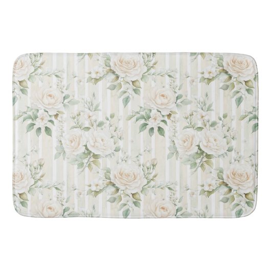 Tapis De Bain Romantic Blush Roses Blanches Rayures Florales (Devant)