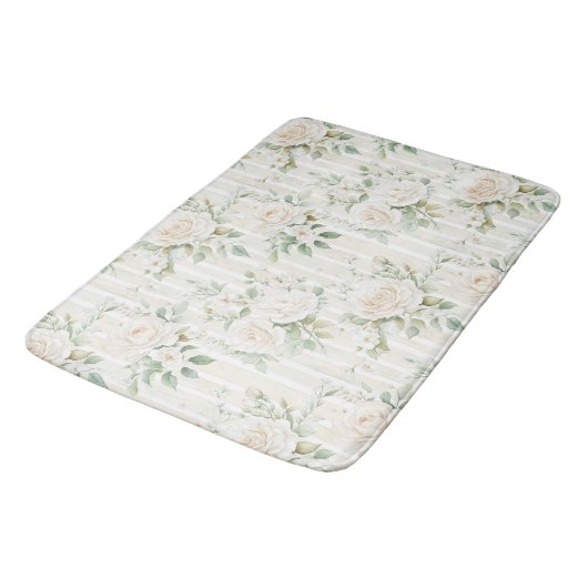 Tapis De Bain Romantique Buisson Blanc Roses Fleurs Rayures (Angle)