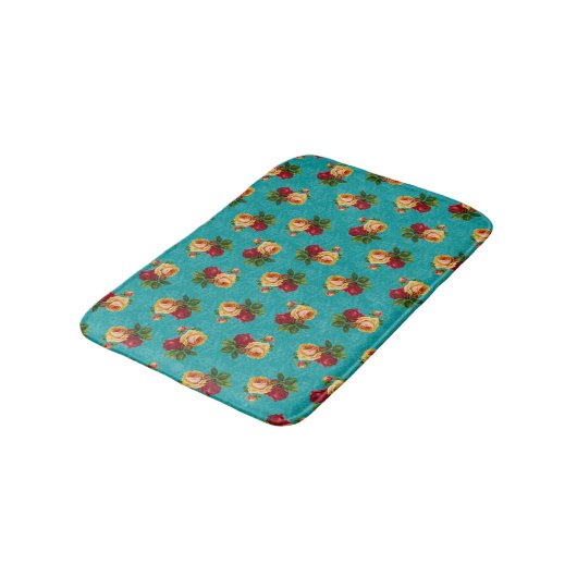 Tapis De Bain Romantique Red Peach Rose Motif Turquoise Damask (Angle)