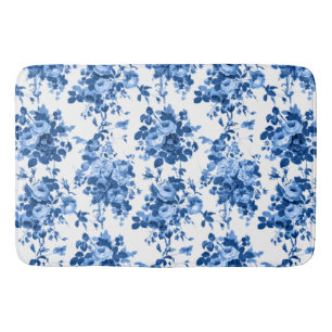 Tapis De Bain Romantique Vintage Roses-Bleu sur Blanc