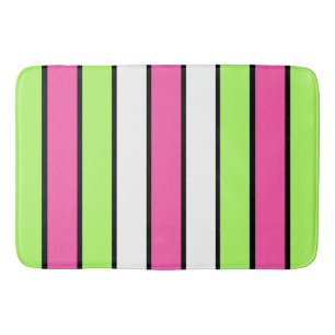 Tapis De Bain Rose chaud, vert citron, noir et blanc rayures