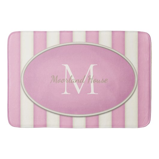 Tapis De Bain Rose et blanc d'antiquité rayures Ovale Monogramme (Devant)