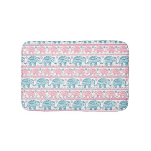 Tapis De Bain Rose et motif ethnique turquoise d'éléphant