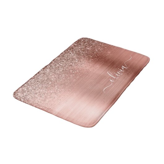 Tapis De Bain Rose Gold Rose Glitter Monogrammé Métal Brossé (Angle)