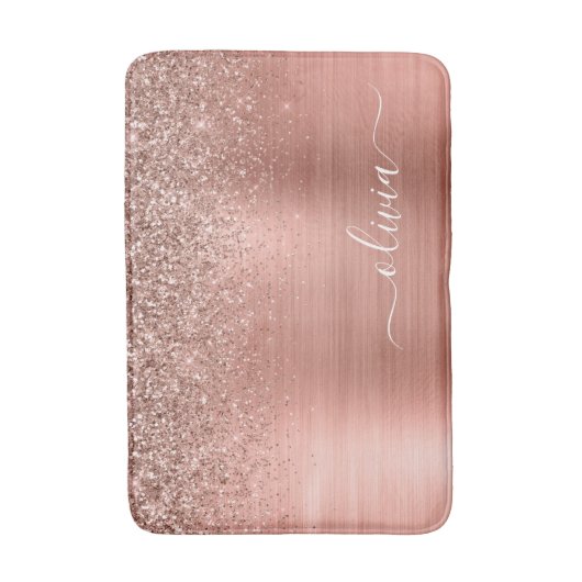 Tapis De Bain Rose Gold Rose Glitter Monogrammé Métal Brossé (Devant (Vertical))